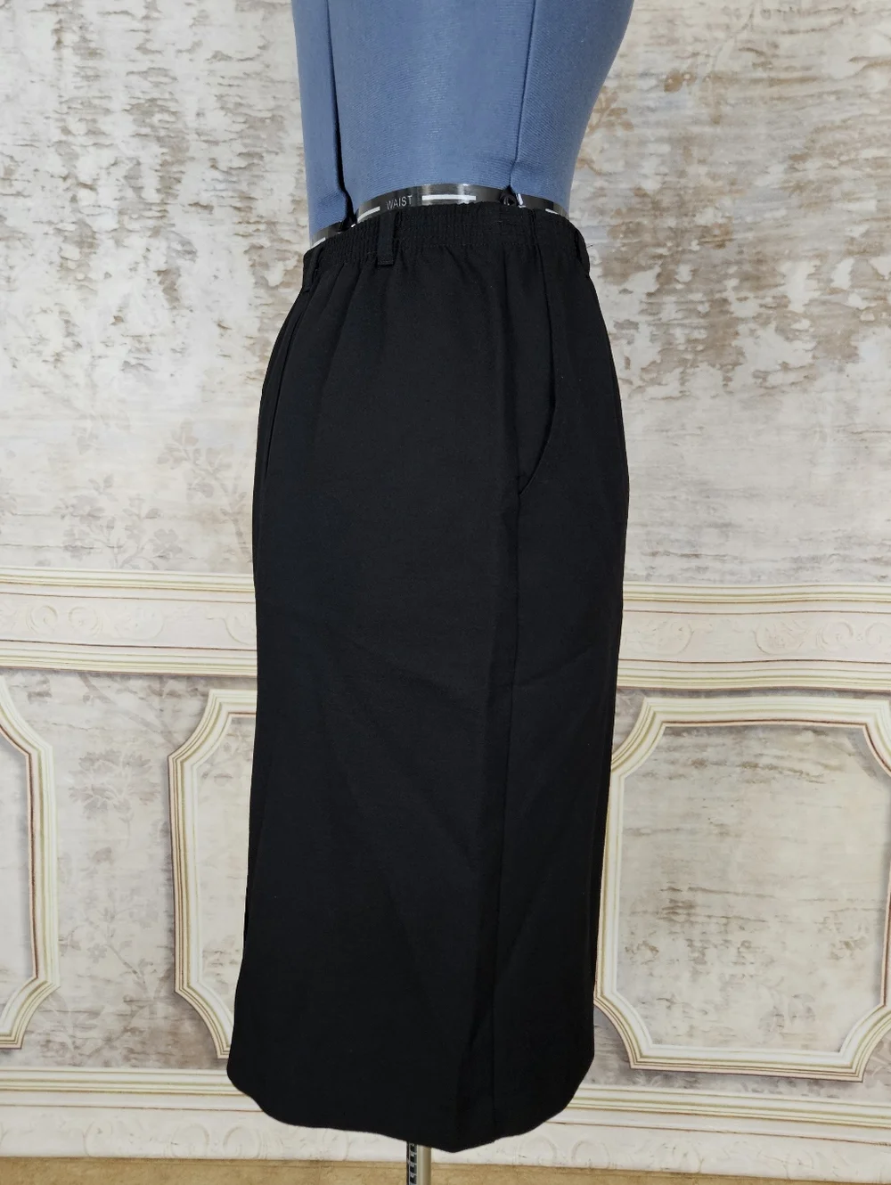 Vintage Black Pencil Skirt S M 90s Office Secretary Elastic Waist Pockets 9-5